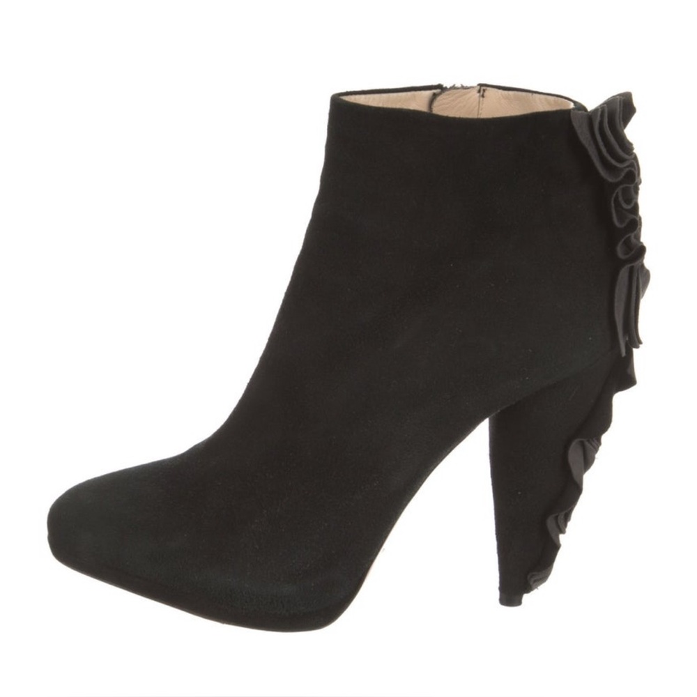 PRADA Platform Suede Ruffle Embellished Ankle Boots